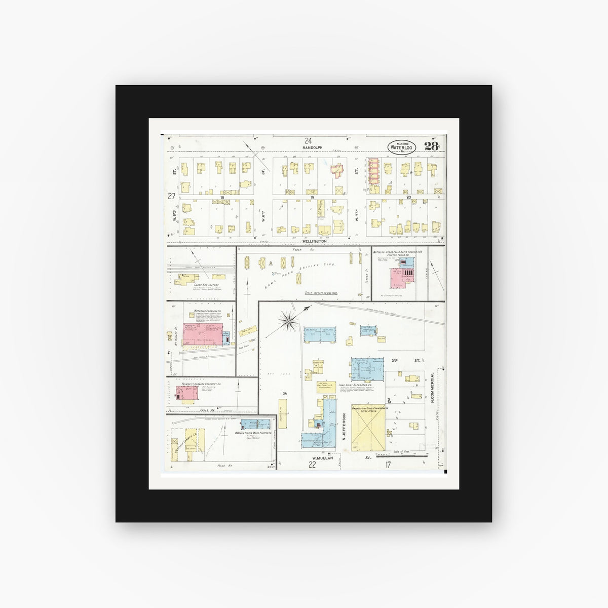 Old map wall art mockup — black gallery frame with white mat — Sanborn Fire Insurance Map from Waterloo, Black Hawk County, Iowa (1906), Sheet #0028