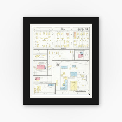 Old map wall art mockup — black gallery frame with white mat — Sanborn Fire Insurance Map from Waterloo, Black Hawk County, Iowa (1906), Sheet #0028