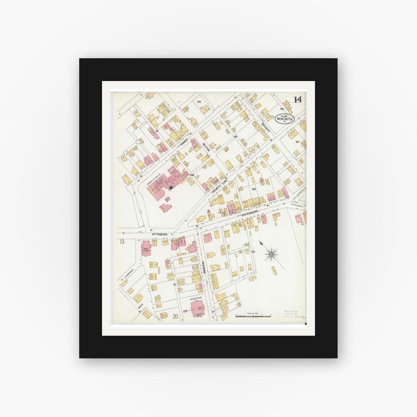 Old map wall art mockup — black gallery frame with white mat — Sanborn Fire Insurance Map from New Castle, Lawrence County, Pennsylvania (1899), Sheet #0014