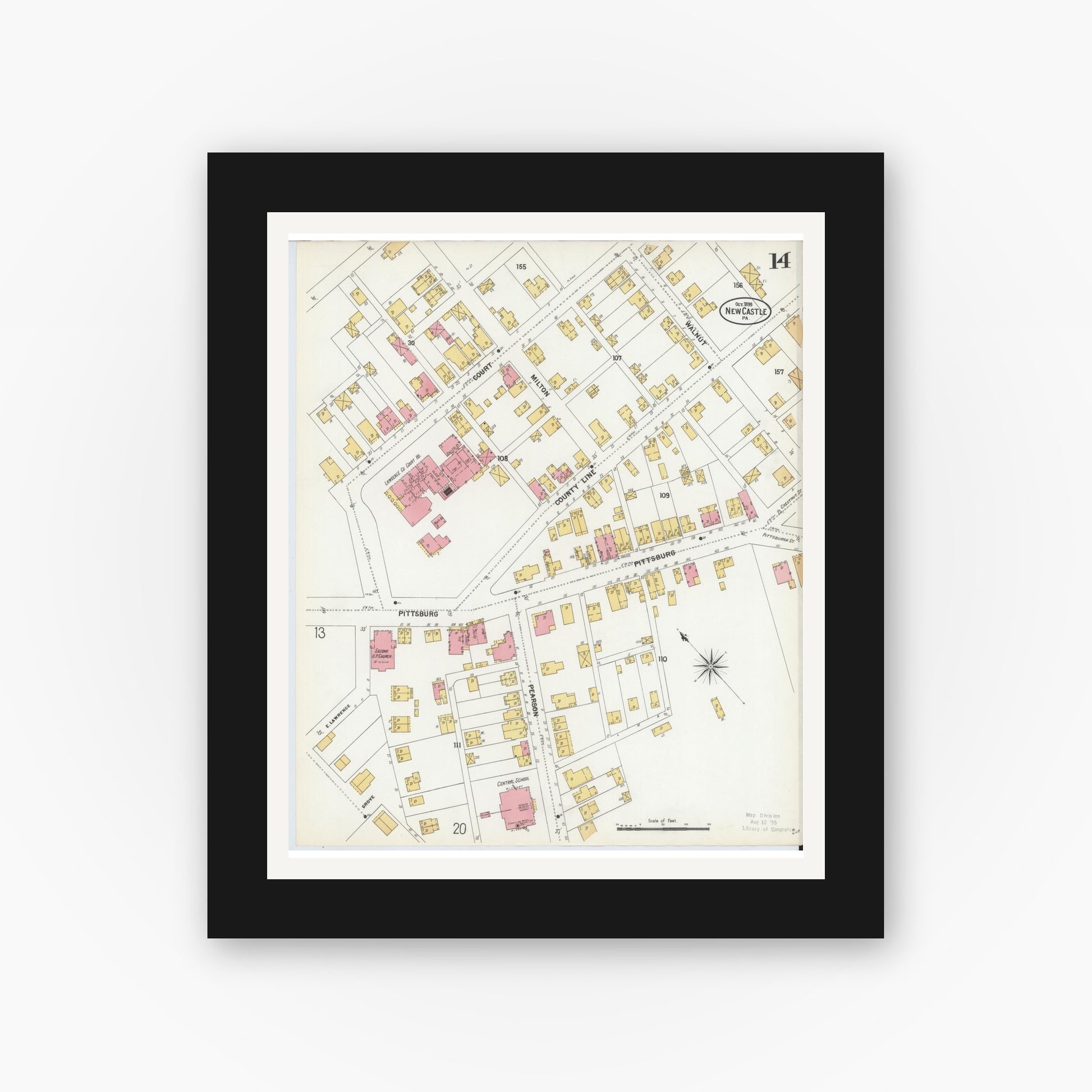 Old map wall art mockup — black gallery frame with white mat — Sanborn Fire Insurance Map from New Castle, Lawrence County, Pennsylvania (1899), Sheet #0014