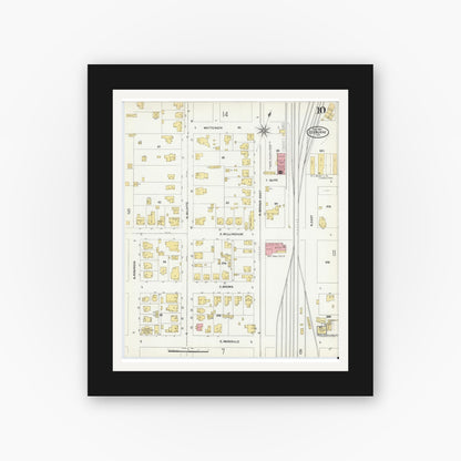 Old map wall art mockup — black gallery frame with white mat — Sanborn Fire Insurance Map from Cleburne, Johnson County, Texas (1904), Sheet #0010