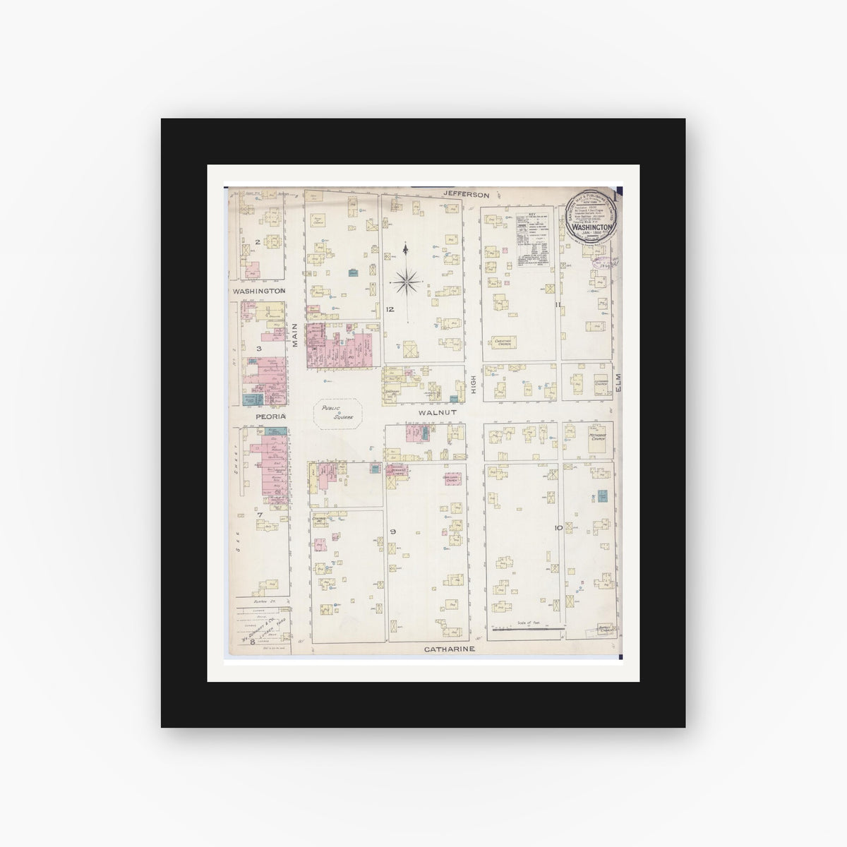 Old map wall art mockup — black gallery frame with white mat — Sanborn Fire Insurance Map from Washington, Tazewell County, Illinois (1886), Sheet #0001
