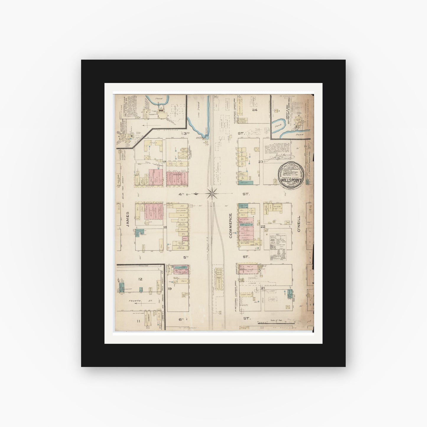 Old map wall art mockup — black gallery frame with white mat — Sanborn Fire Insurance Map from Wills Point, Van Zandt County, Texas (1885), Sheet #0001
