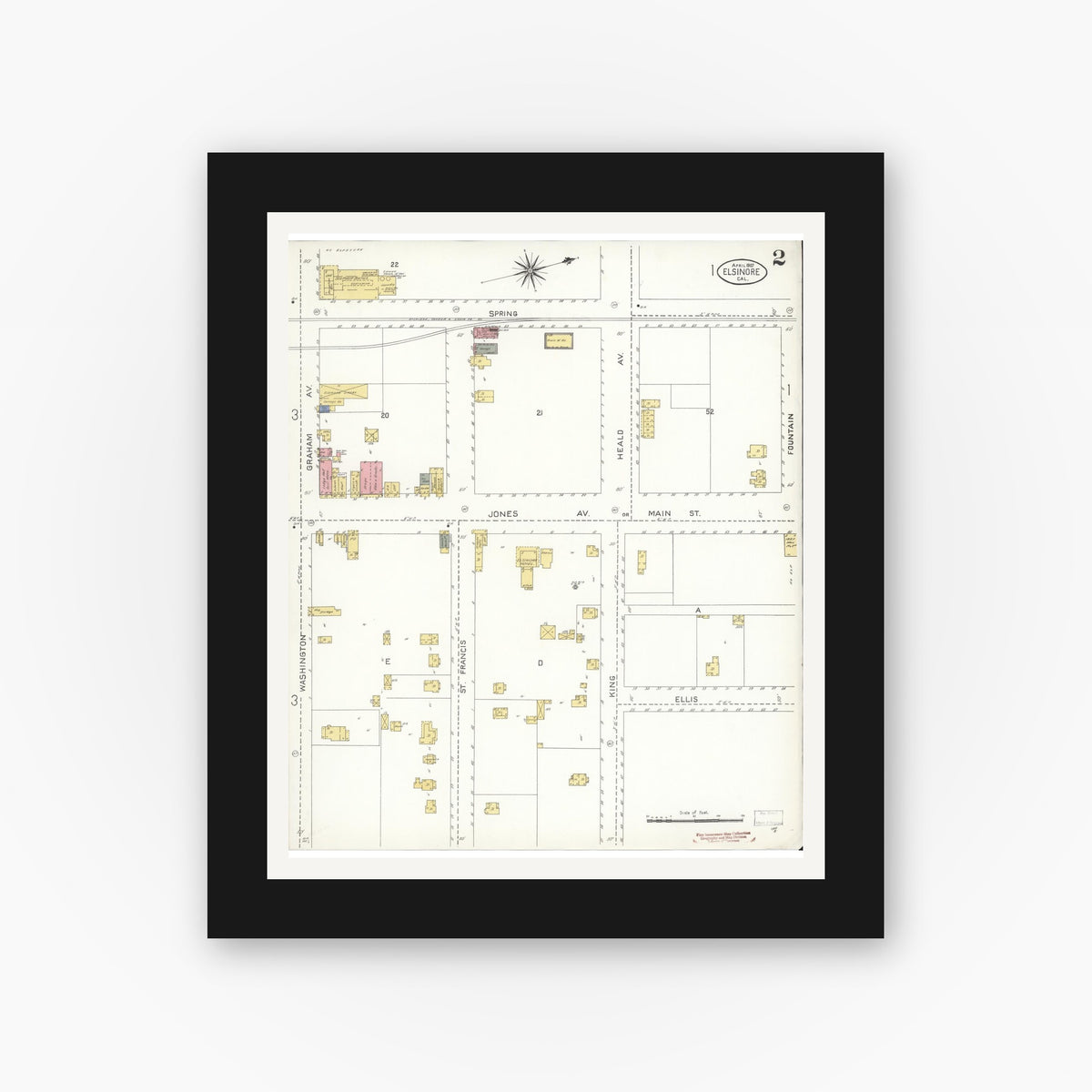 Old map wall art mockup — black gallery frame with white mat — Sanborn Fire Insurance Map from Elsinore, Riverside County, California (1907), Sheet #0002