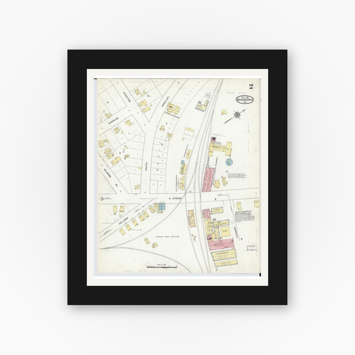 Old map wall art mockup — black gallery frame with white mat — Sanborn Fire Insurance Map from Beaver Dam, Dodge County, Wisconsin (1914), Sheet #0002