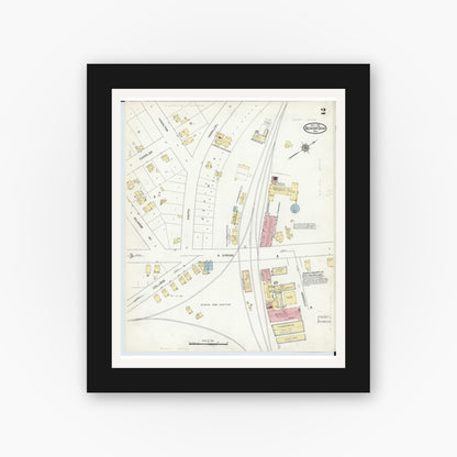 Old map wall art mockup — black gallery frame with white mat — Sanborn Fire Insurance Map from Beaver Dam, Dodge County, Wisconsin (1914), Sheet #0002