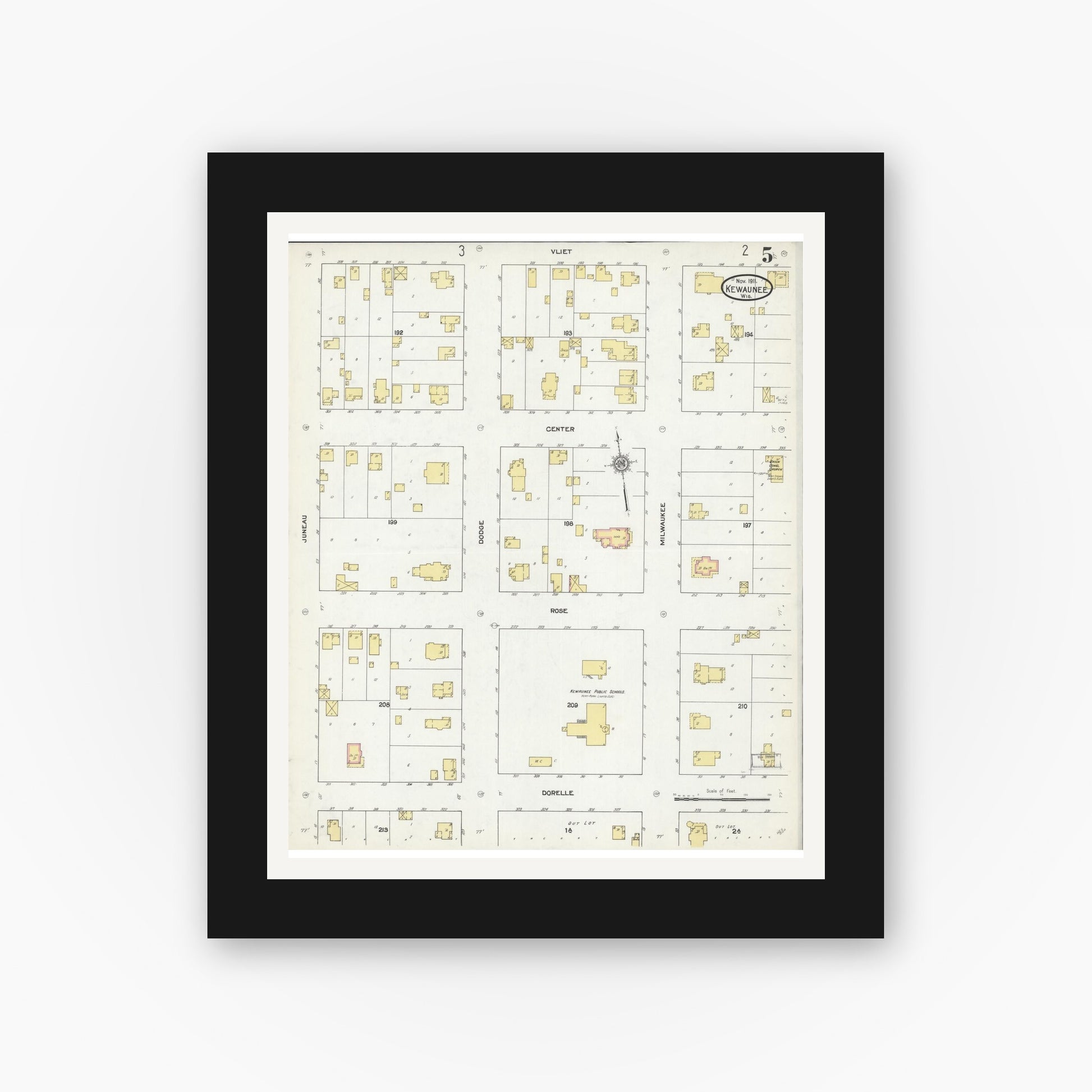 Old map wall art mockup — black gallery frame with white mat — Sanborn Fire Insurance Map from Kewaunee, Kewaunee County, Wisconsin (1911), Sheet #0005