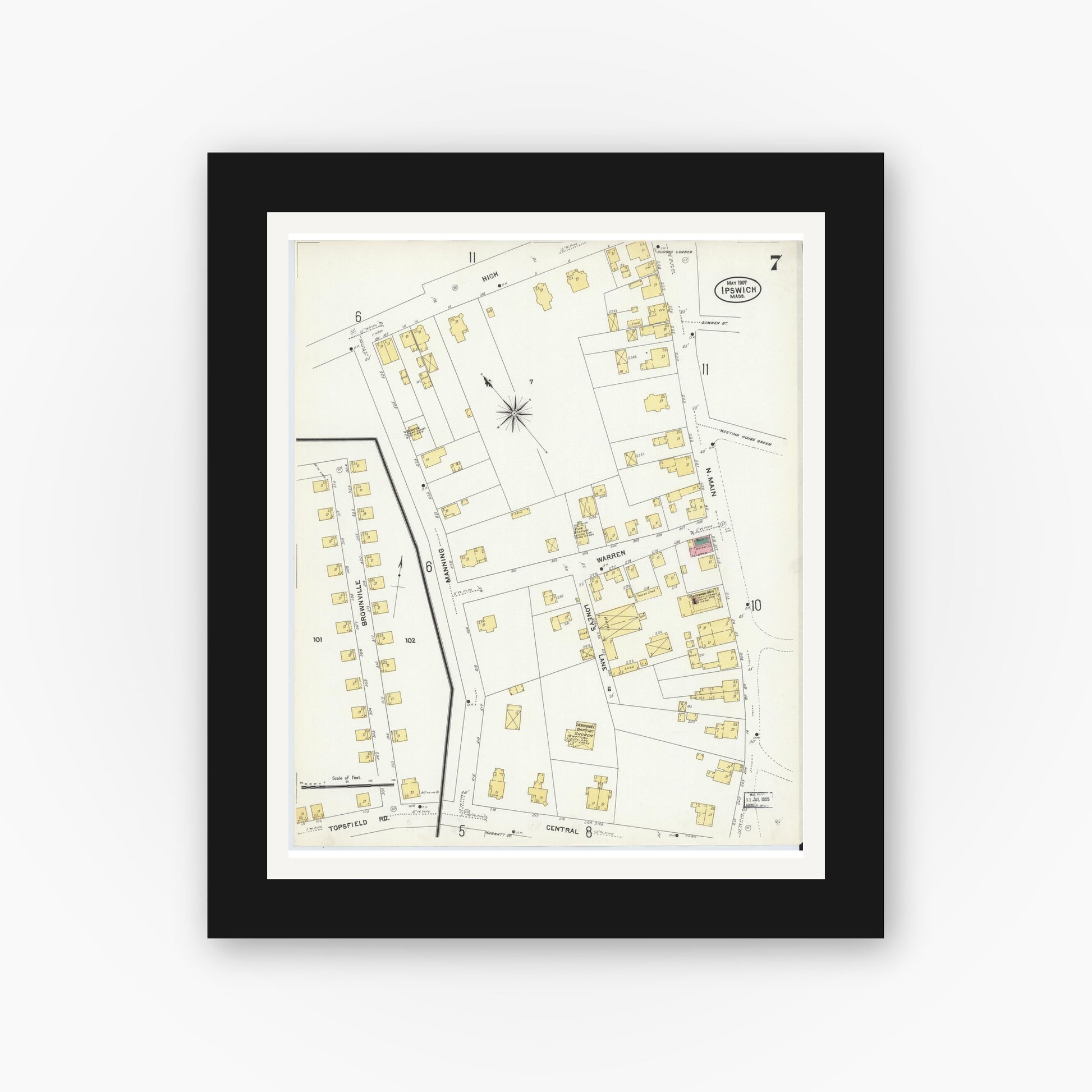 Old map wall art mockup — black gallery frame with white mat — Sanborn Fire Insurance Map from Ipswich, Essex County, Massachusetts (1907), Sheet #0007