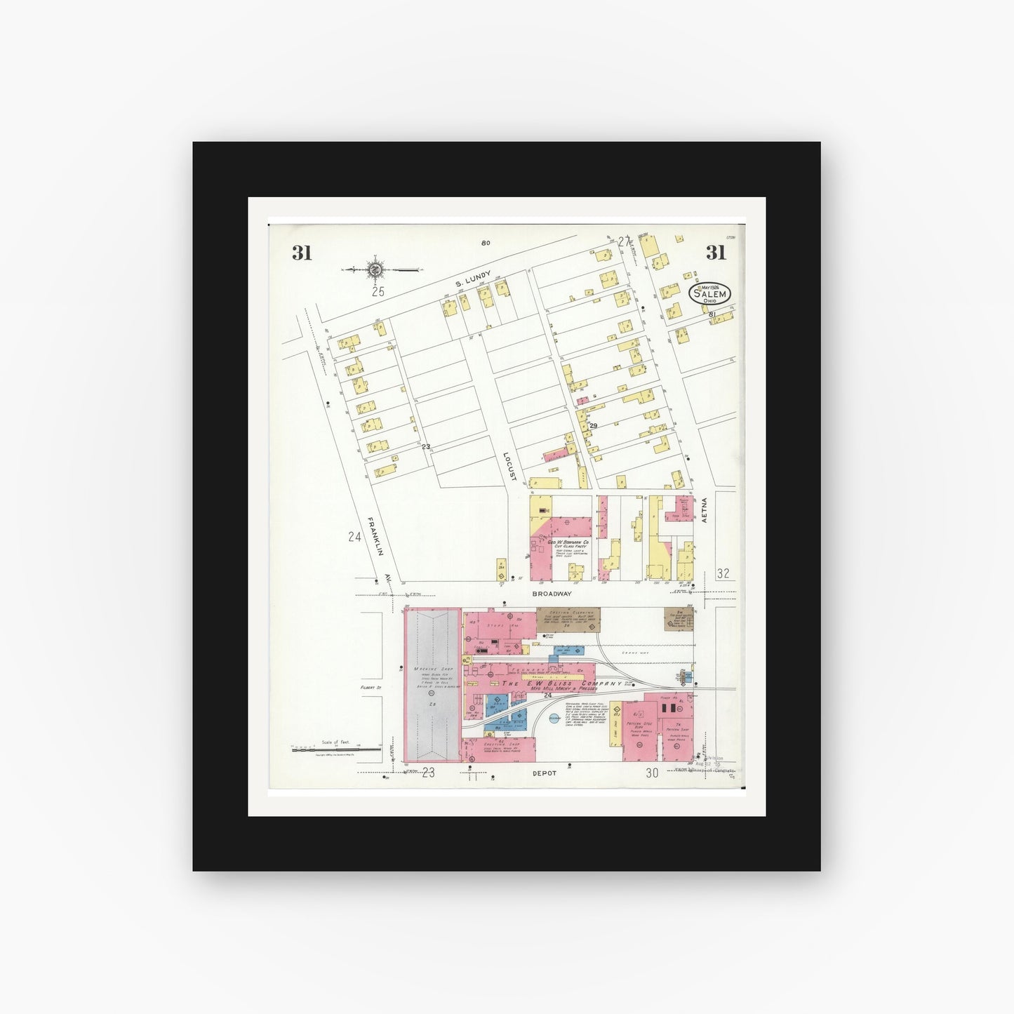 Old map wall art mockup — black gallery frame with white mat — Sanborn Fire Insurance Map from Salem, Columbiana County, Ohio (1926), Sheet #0031