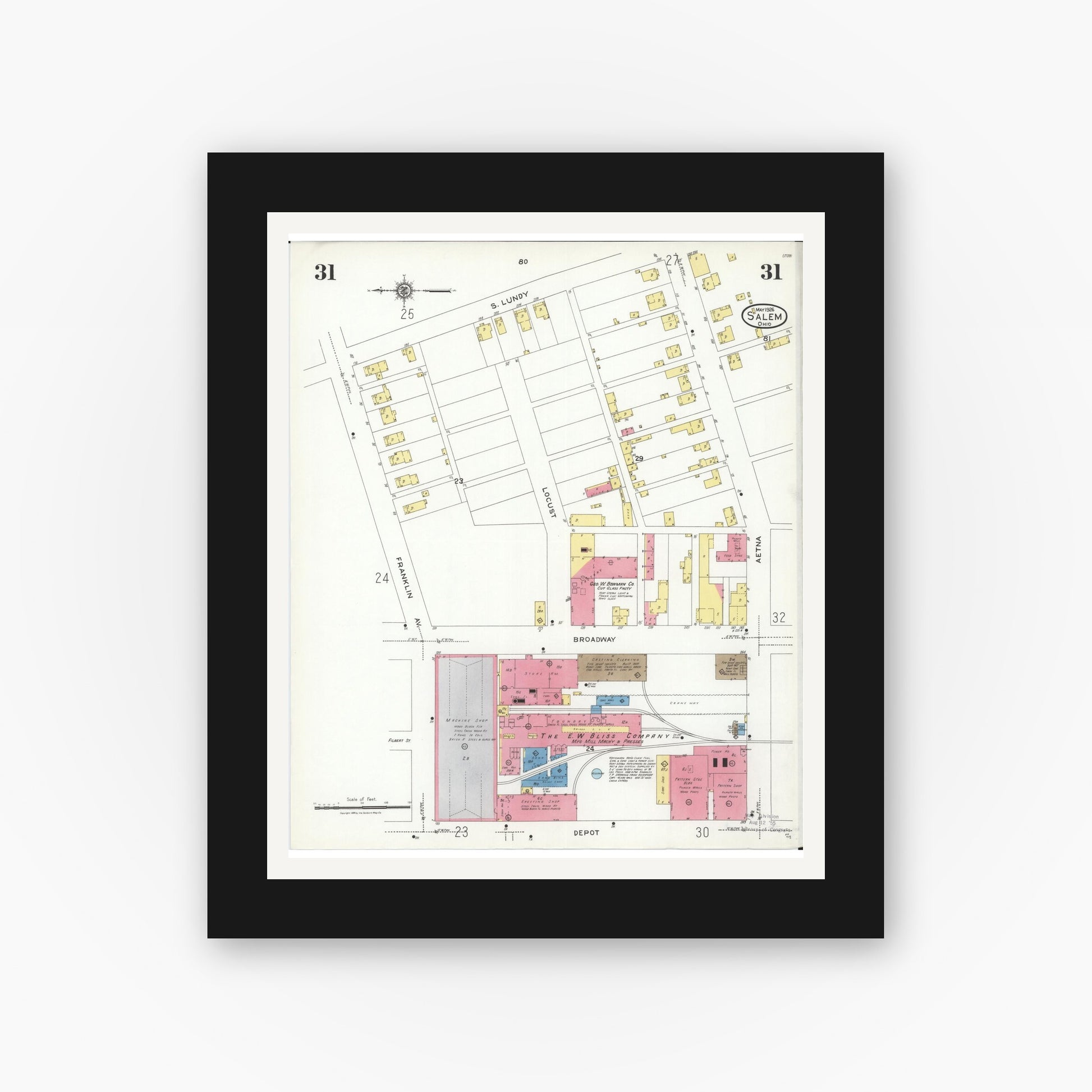 Old map wall art mockup — black gallery frame with white mat — Sanborn Fire Insurance Map from Salem, Columbiana County, Ohio (1926), Sheet #0031