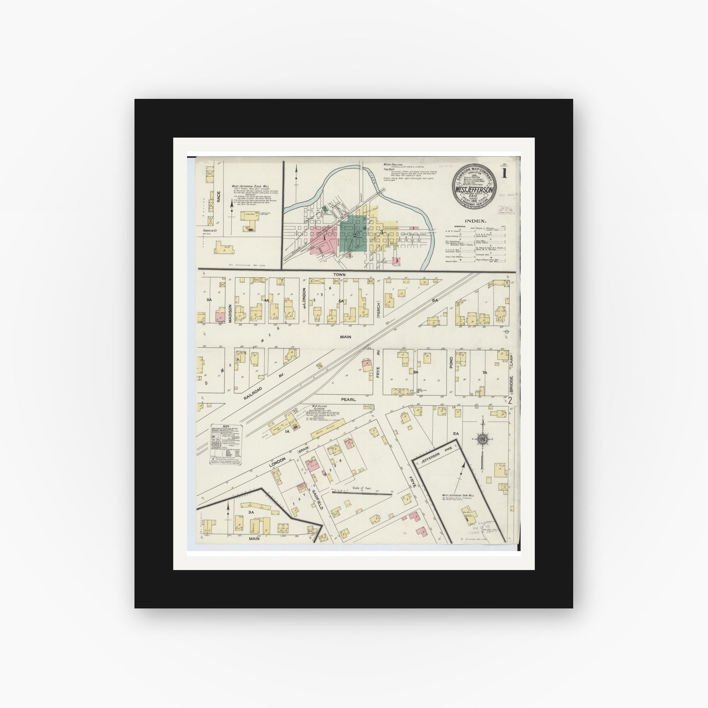 Old map wall art mockup — black gallery frame with white mat — Sanborn Fire Insurance Map from West Jefferson, Madison County, Ohio (1910) - Complete Map Set