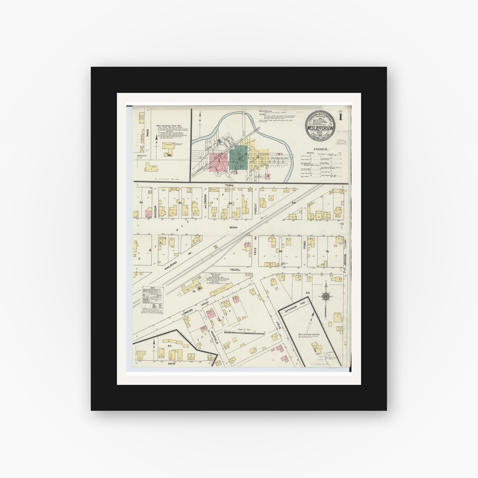 Old map wall art mockup — black gallery frame with white mat — Sanborn Fire Insurance Map from West Jefferson, Madison County, Ohio (1910) - Complete Map Set