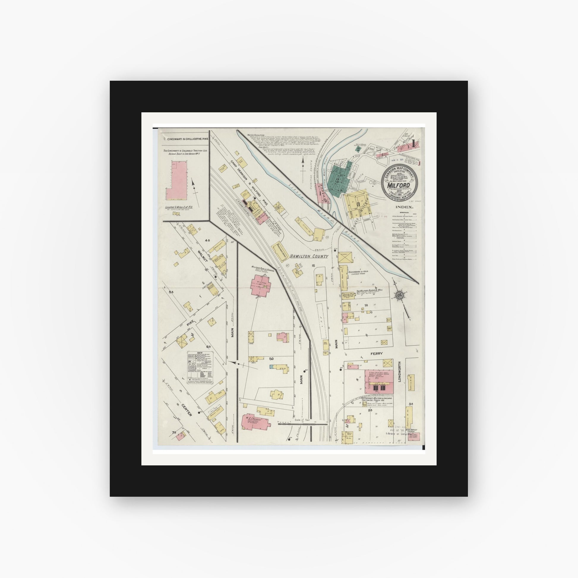 Old map wall art mockup — black gallery frame with white mat — Sanborn Fire Insurance Map from Milford, Clermont And Hamilton County, Ohio (1911) - Complete Map Set