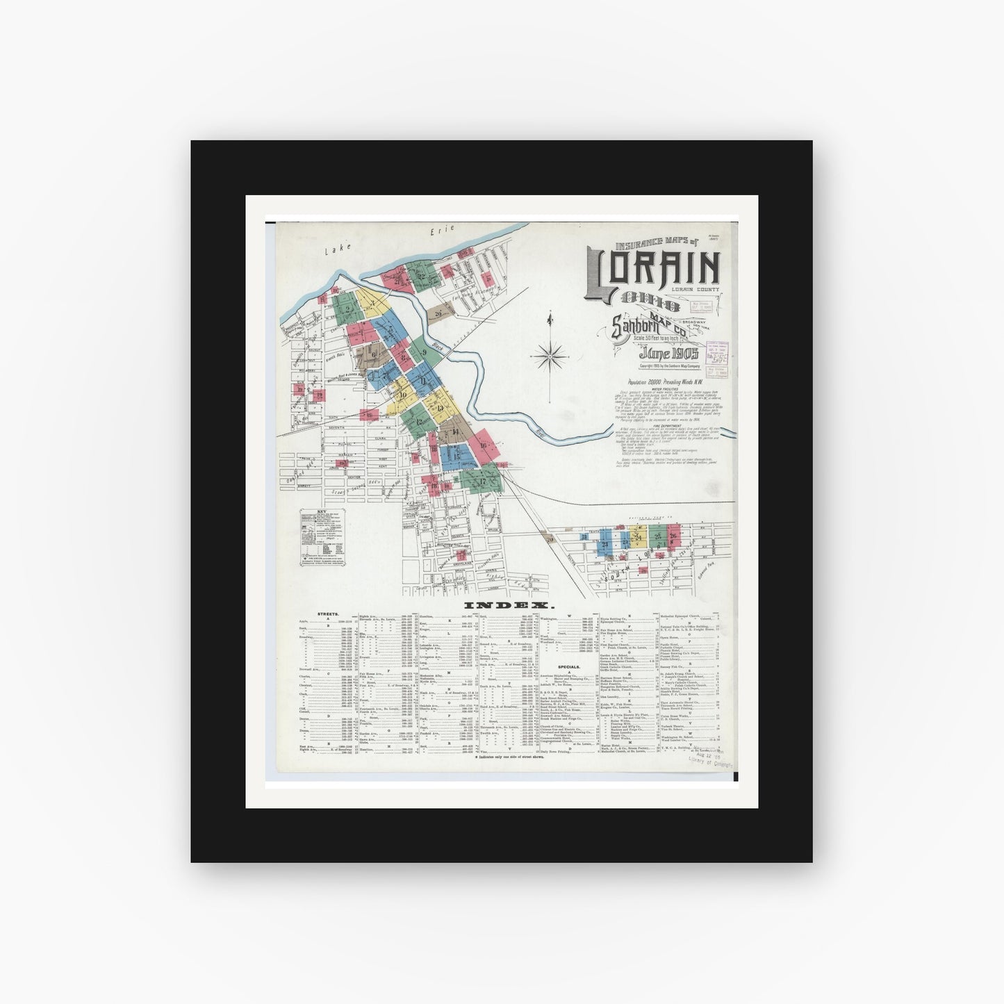 Old map wall art mockup — black gallery frame with white mat — Sanborn Fire Insurance Map from Lorain, Lorain County, Ohio (1905) - Complete Map Set