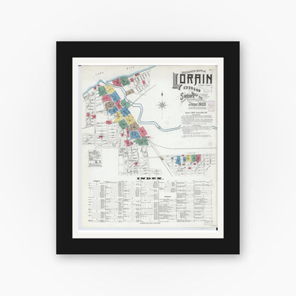 Old map wall art mockup — black gallery frame with white mat — Sanborn Fire Insurance Map from Lorain, Lorain County, Ohio (1905) - Complete Map Set