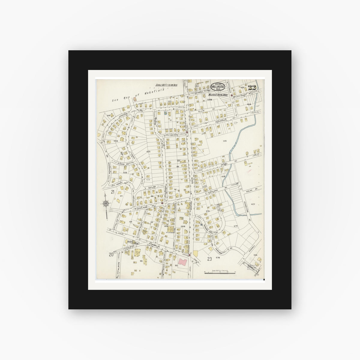 Old map wall art mockup — black gallery frame with white mat — Sanborn Fire Insurance Map from Melrose, Middlesex County, Massachusetts (1915), Sheet #0022