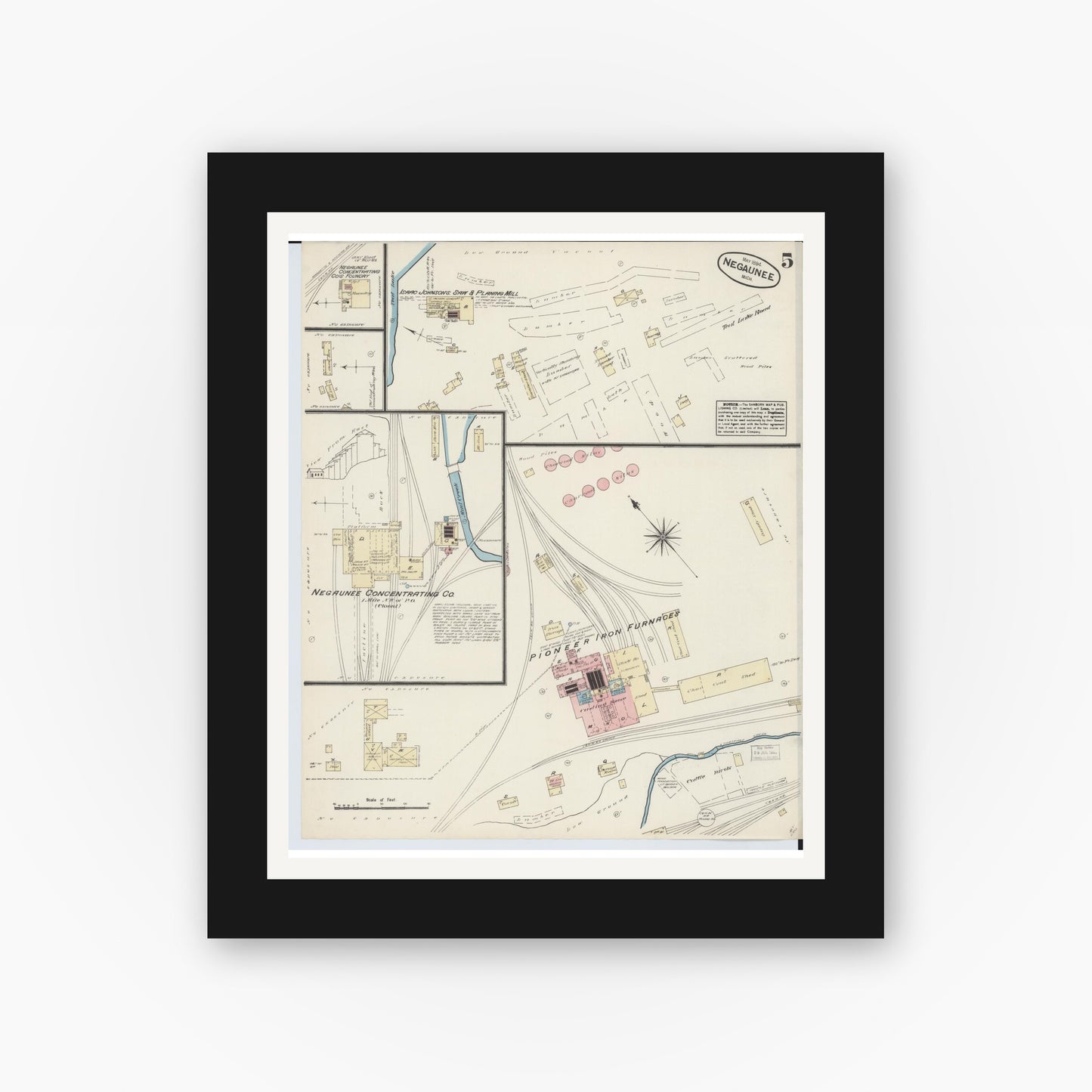 Old map wall art mockup — black gallery frame with white mat — Sanborn Fire Insurance Map from Negaunee, Marquette County, Michigan (1884), Sheet #0005