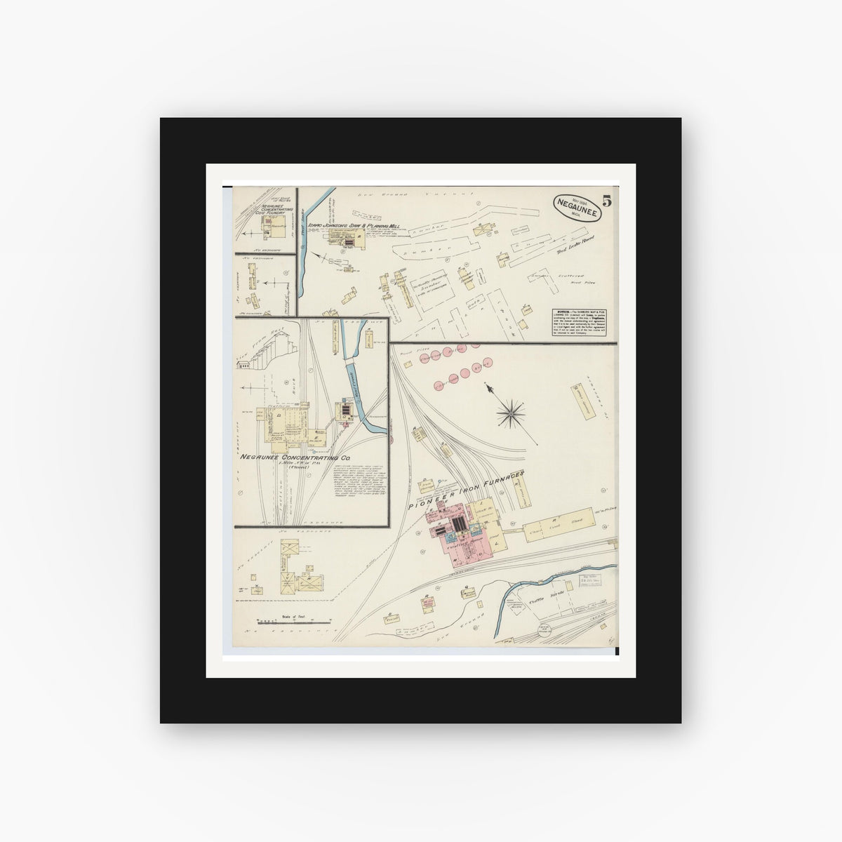 Old map wall art mockup — black gallery frame with white mat — Sanborn Fire Insurance Map from Negaunee, Marquette County, Michigan (1884), Sheet #0005