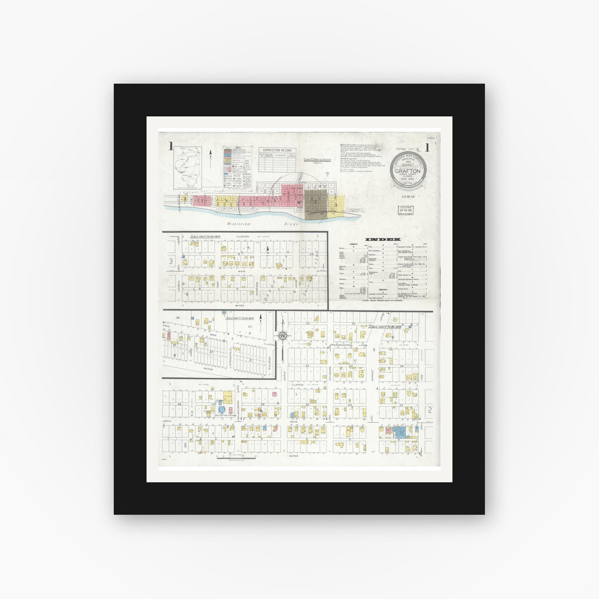 Old map wall art mockup — black gallery frame with white mat — Sanborn Fire Insurance Map from Grafton, Jersey County, Illinois (1936), Sheet #0001