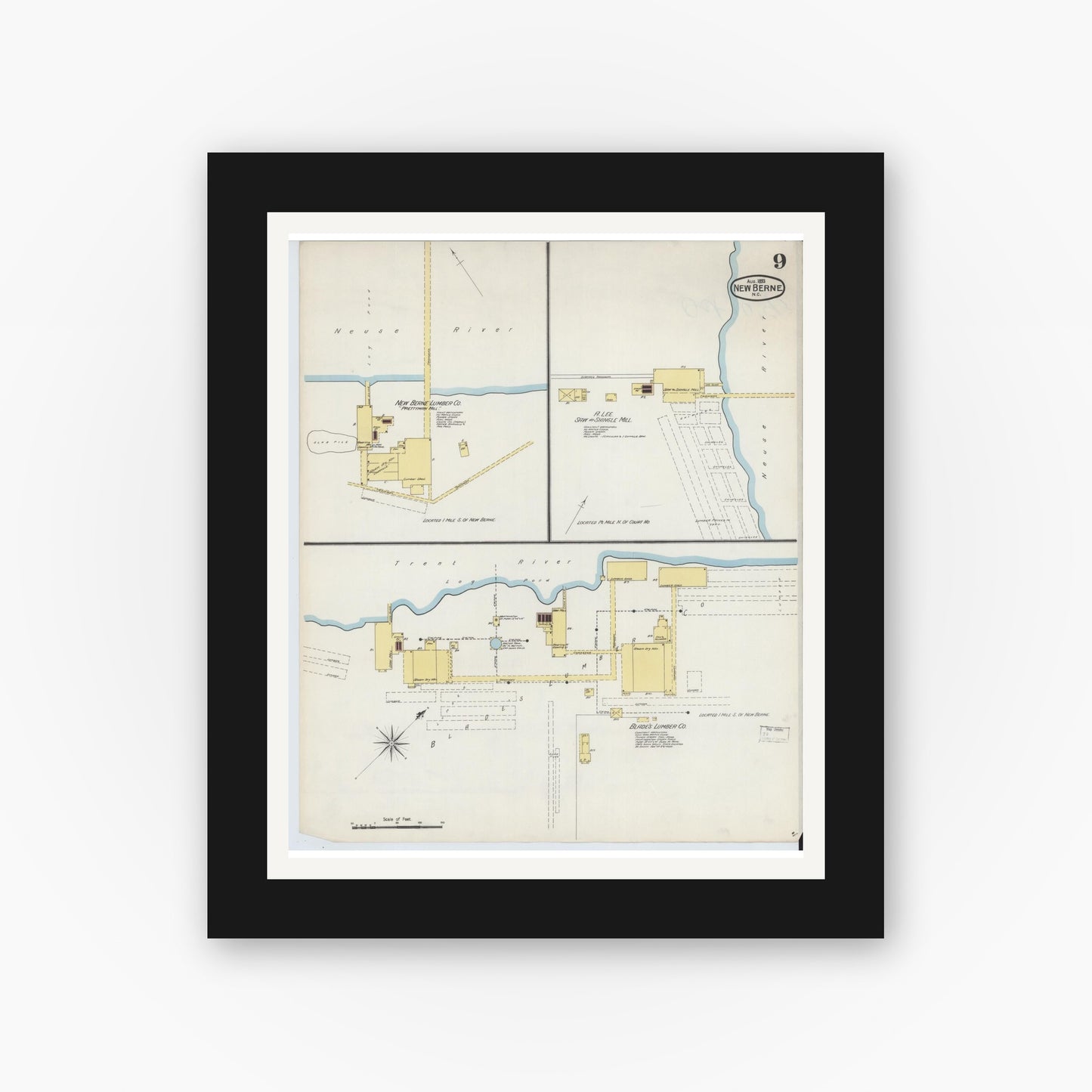 Old map wall art mockup — black gallery frame with white mat — Sanborn Fire Insurance Map from New Bern, Craven County, North Carolina (1893), Sheet #0009