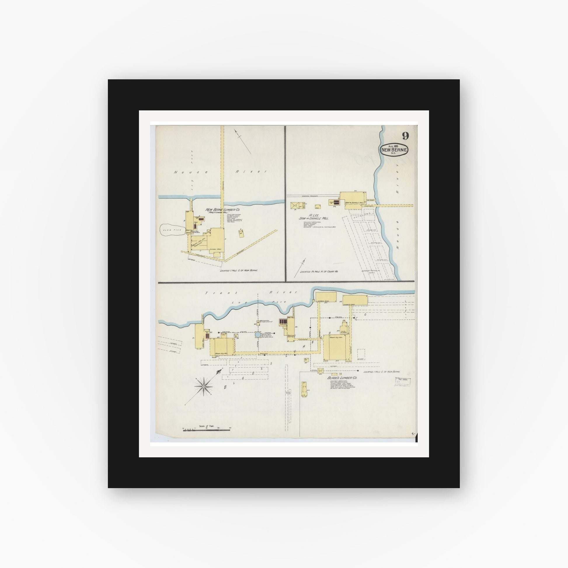 Old map wall art mockup — black gallery frame with white mat — Sanborn Fire Insurance Map from New Bern, Craven County, North Carolina (1893), Sheet #0009