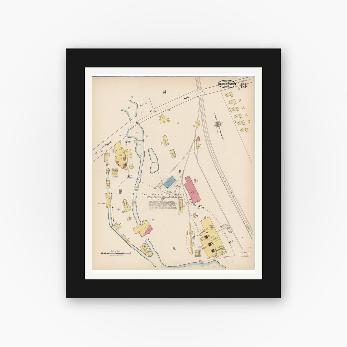 Old map wall art mockup — black gallery frame with white mat — Sanborn Fire Insurance Map from Bridgewater, Plymouth County, Massachusetts (1921), Sheet #0013
