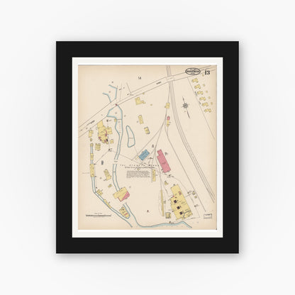 Old map wall art mockup — black gallery frame with white mat — Sanborn Fire Insurance Map from Bridgewater, Plymouth County, Massachusetts (1921), Sheet #0013