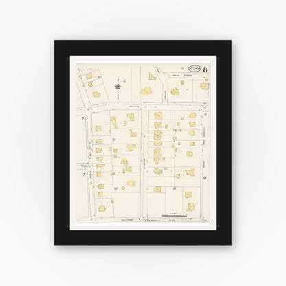 Old map wall art mockup — black gallery frame with white mat — Sanborn Fire Insurance Map from Hollywood, Los Angeles County, California (1913), Sheet #0008