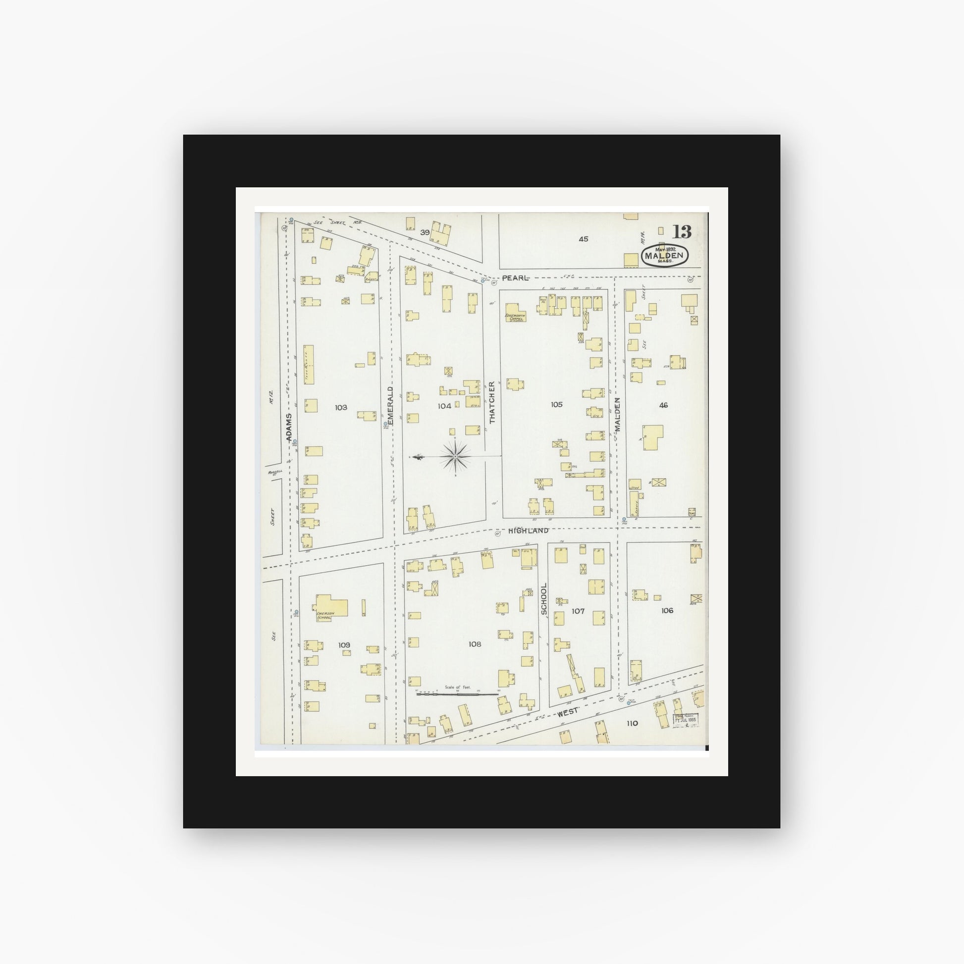 Old map wall art mockup — black gallery frame with white mat — Sanborn Fire Insurance Map from Malden, Middlesex County, Massachusetts (1892), Sheet #0013