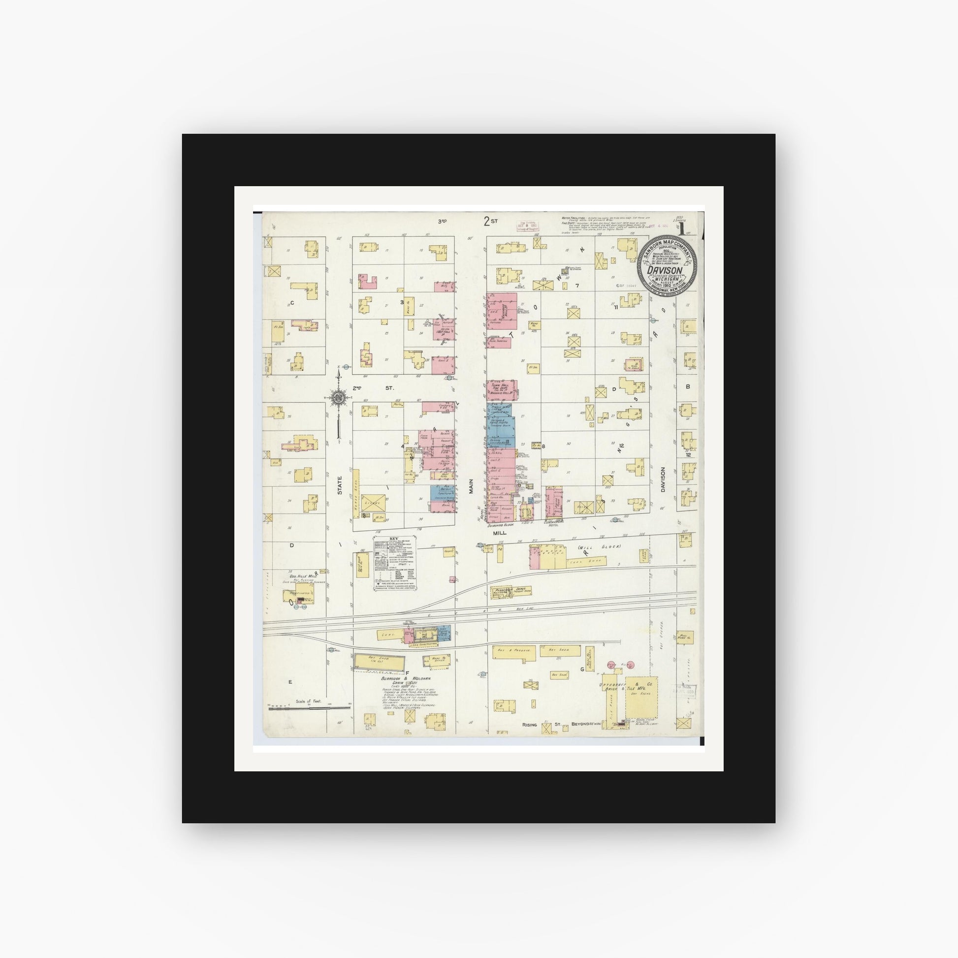 Old map wall art mockup — black gallery frame with white mat — Sanborn Fire Insurance Map from Davison, Genesee County, Michigan (1910), Sheet #0001