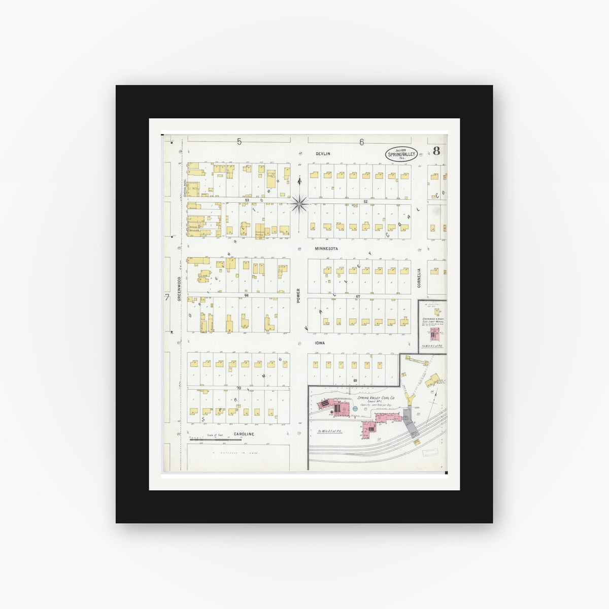 Old map wall art mockup — black gallery frame with white mat — Sanborn Fire Insurance Map from Spring Valley, Bureau County, Illinois (1899), Sheet #0008