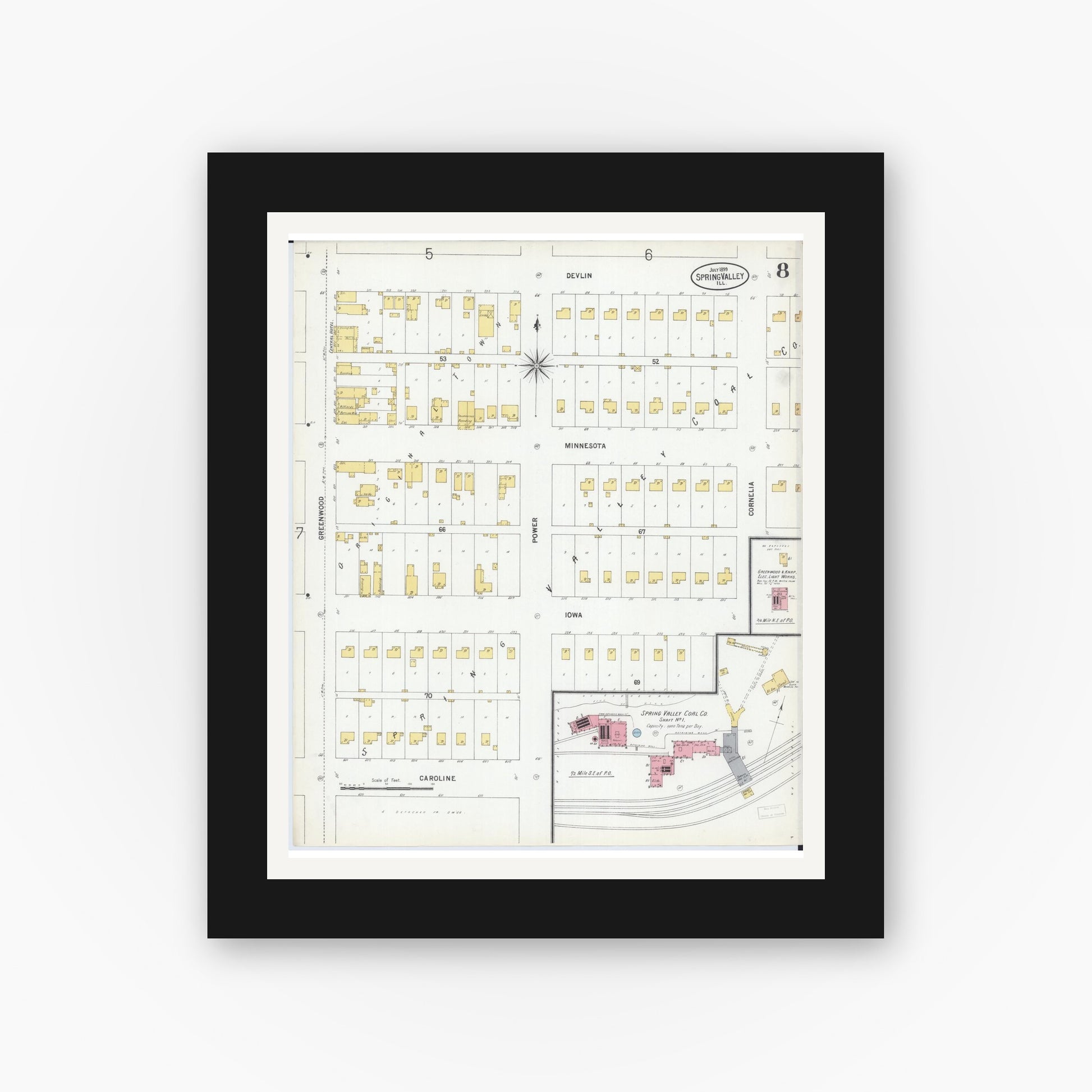 Old map wall art mockup — black gallery frame with white mat — Sanborn Fire Insurance Map from Spring Valley, Bureau County, Illinois (1899), Sheet #0008