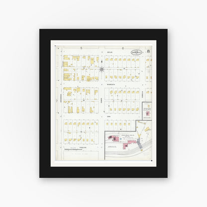 Old map wall art mockup — black gallery frame with white mat — Sanborn Fire Insurance Map from Spring Valley, Bureau County, Illinois (1899), Sheet #0008