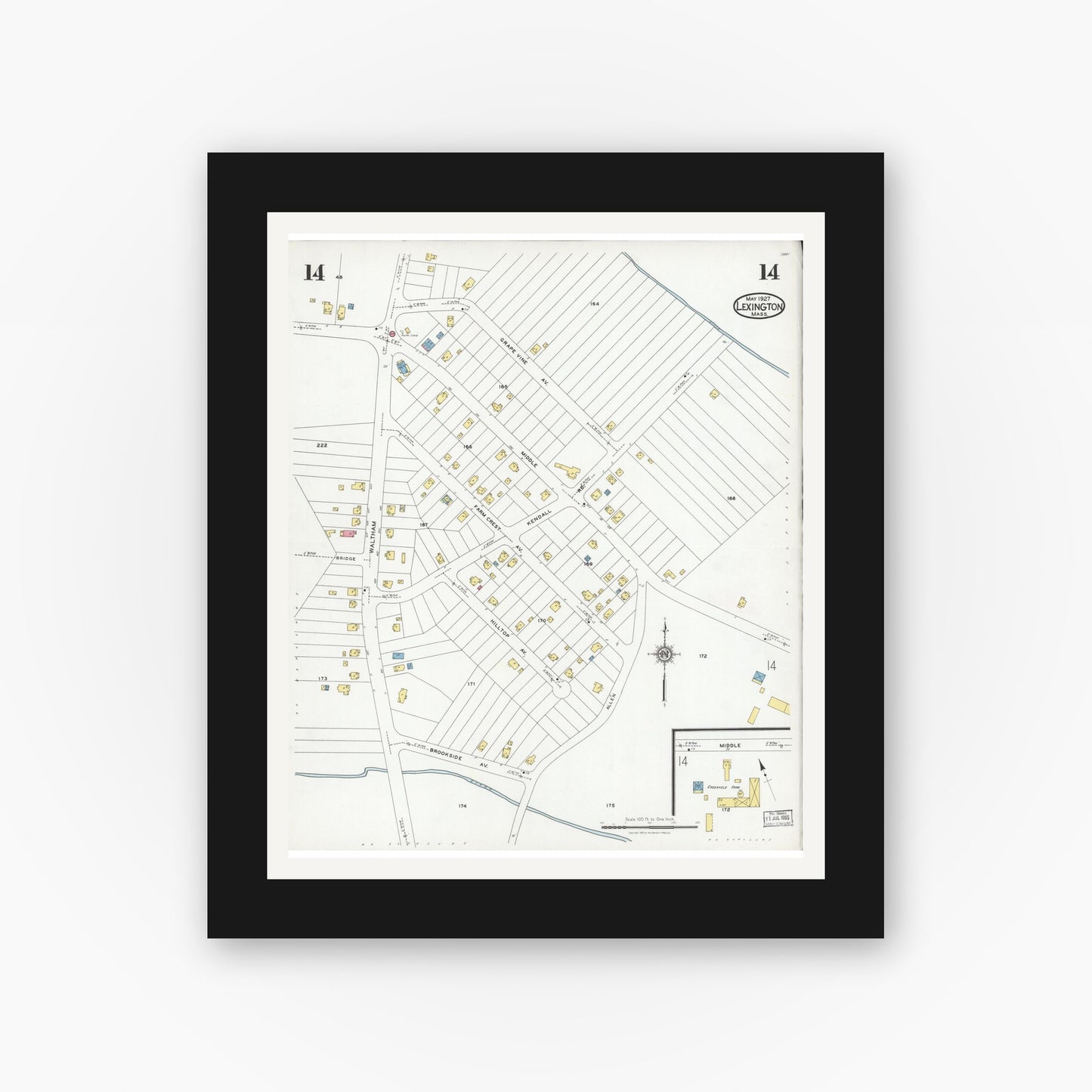 Old map wall art mockup — black gallery frame with white mat — Sanborn Fire Insurance Map from Lexington, Middlesex County, Massachusetts (1927), Sheet #0014