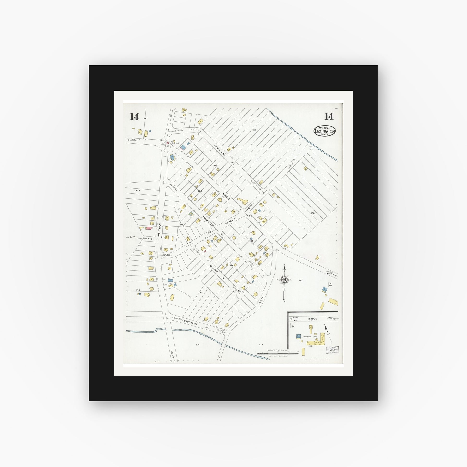 Old map wall art mockup — black gallery frame with white mat — Sanborn Fire Insurance Map from Lexington, Middlesex County, Massachusetts (1927), Sheet #0014