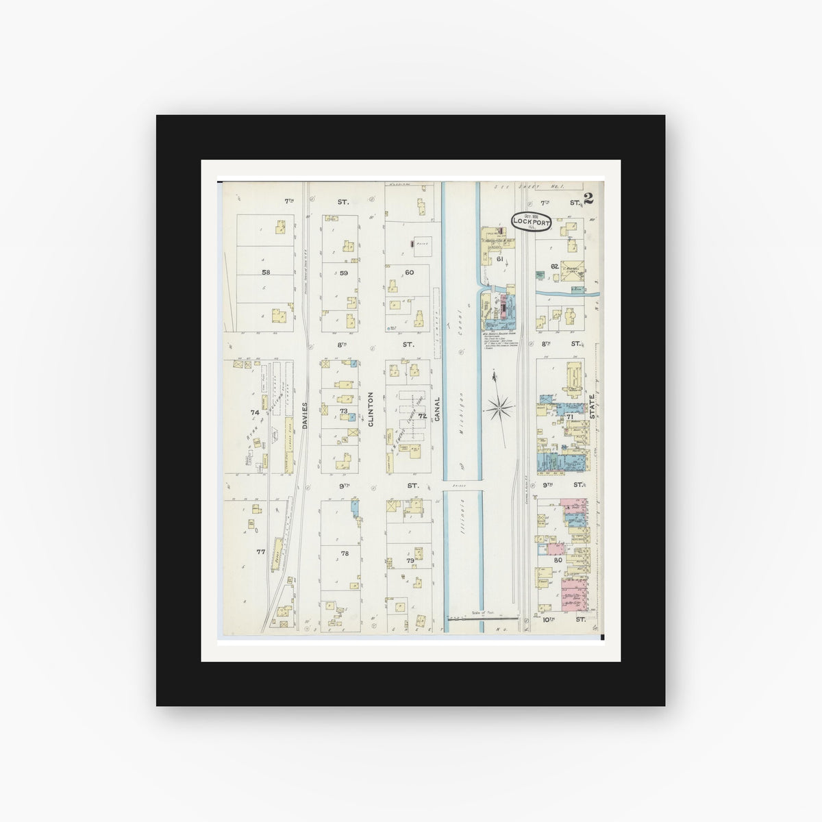Old map wall art mockup — black gallery frame with white mat — Sanborn Fire Insurance Map from Lockport, Will County, Illinois (1891), Sheet #0002