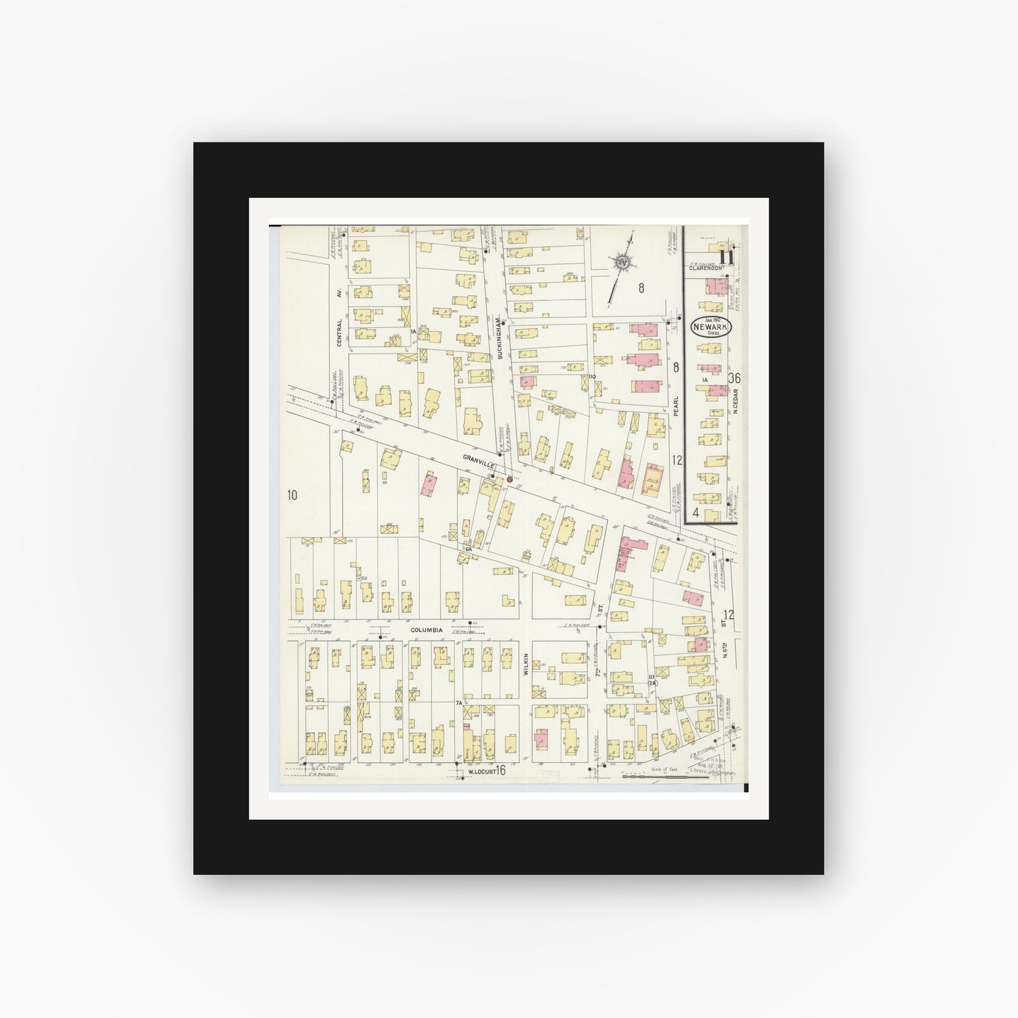 Old map wall art mockup — black gallery frame with white mat — Sanborn Fire Insurance Map from Newark, Licking County, Ohio (1912), Sheet #0011