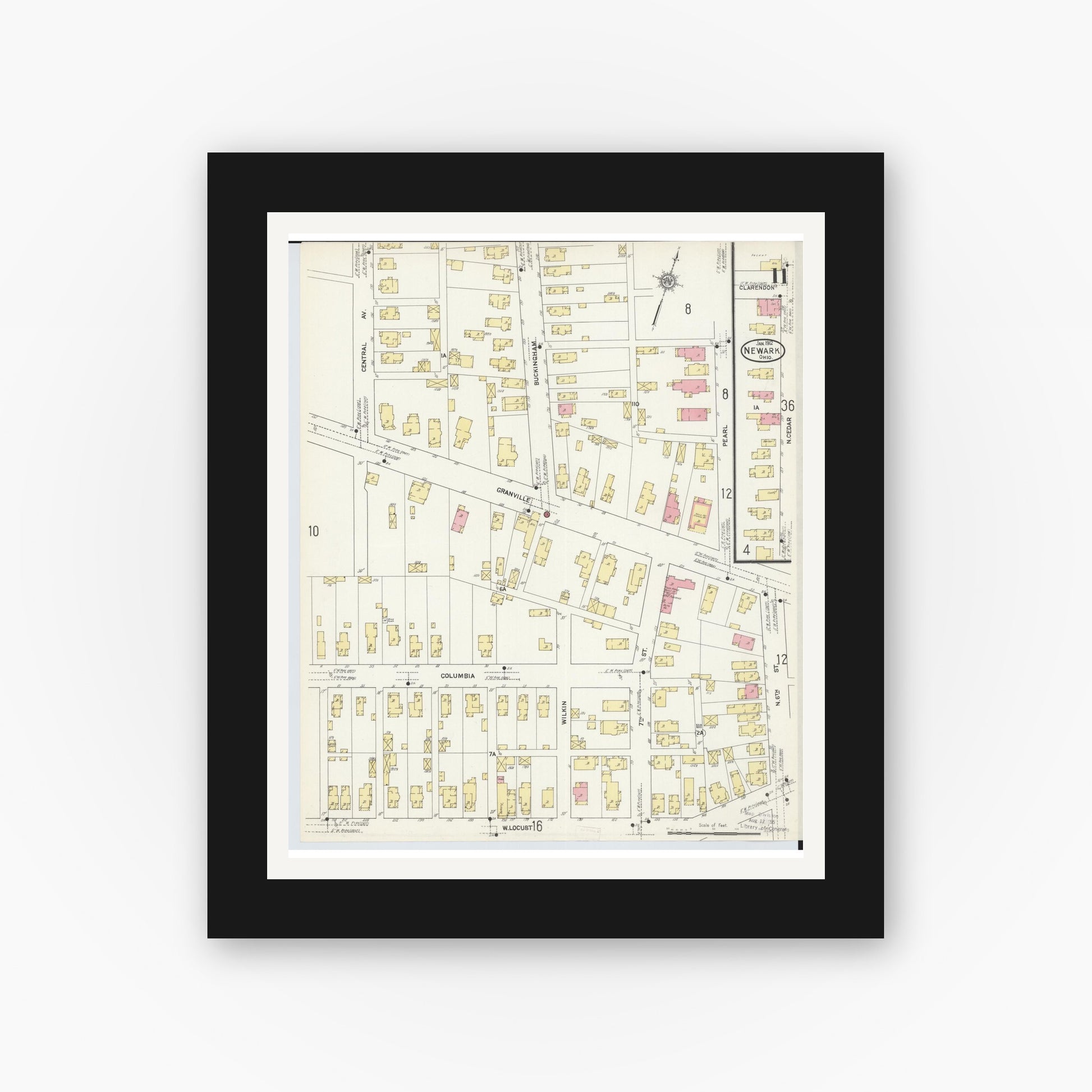 Old map wall art mockup — black gallery frame with white mat — Sanborn Fire Insurance Map from Newark, Licking County, Ohio (1912), Sheet #0011
