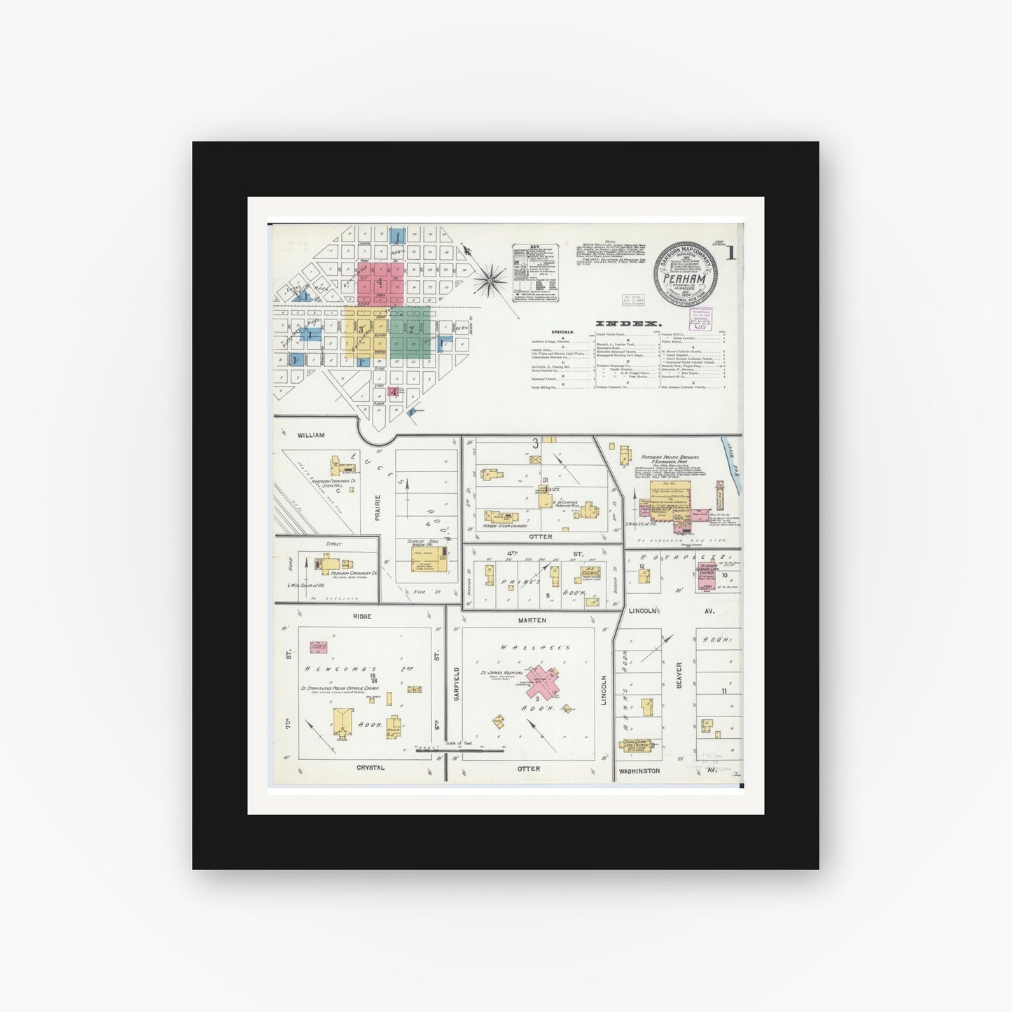 Old map wall art mockup — black gallery frame with white mat — Sanborn Fire Insurance Map from Perham, Otter Tail County, Minnesota (1904) - Complete Map Set