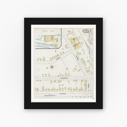 Old map wall art mockup — black gallery frame with white mat — Sanborn Fire Insurance Map from Geneva, Ontario County, New York (1890), Sheet #0007