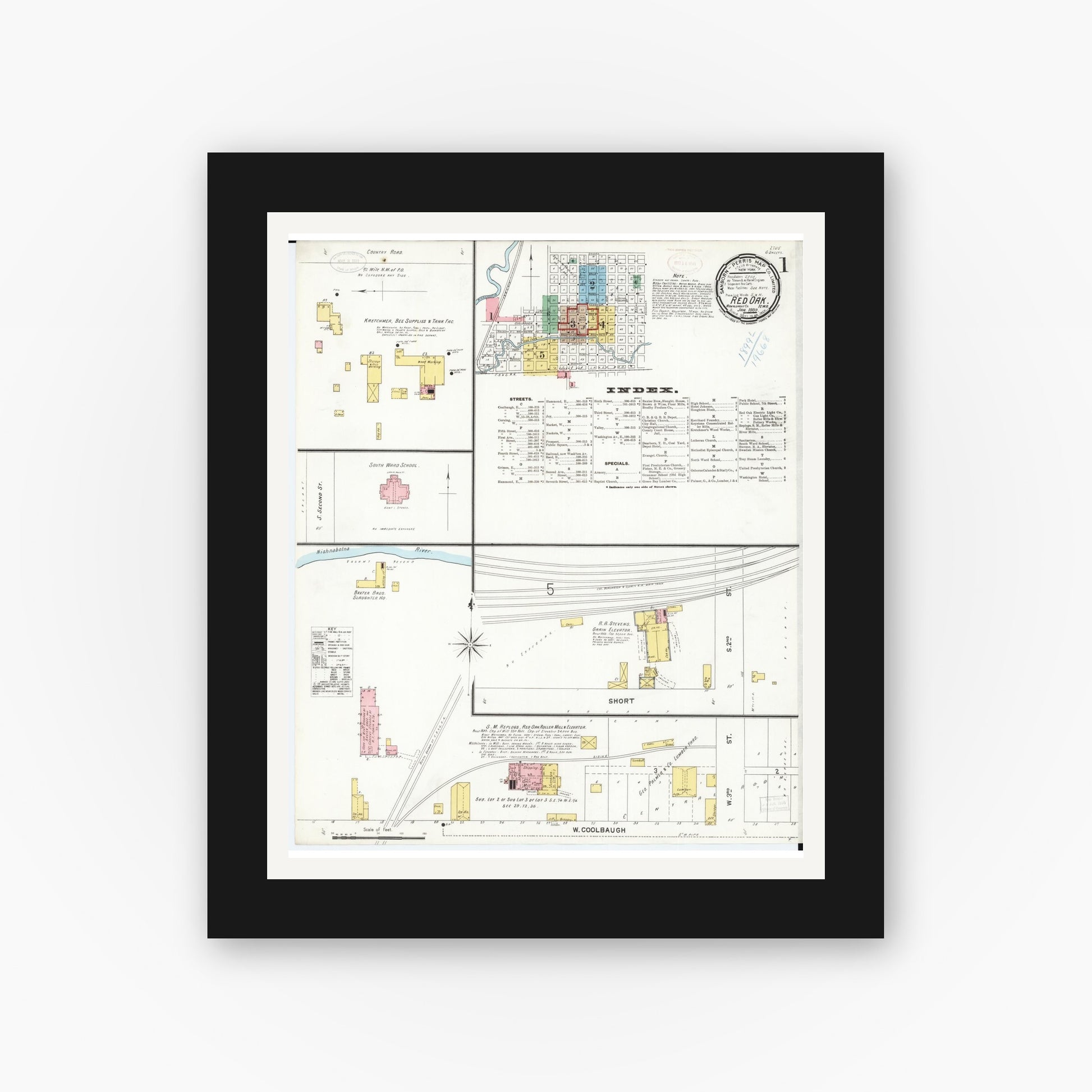 Old map wall art mockup — black gallery frame with white mat — Sanborn Fire Insurance Map from Red Oak, Montgomery County, Iowa (1899) â€” Complete Set