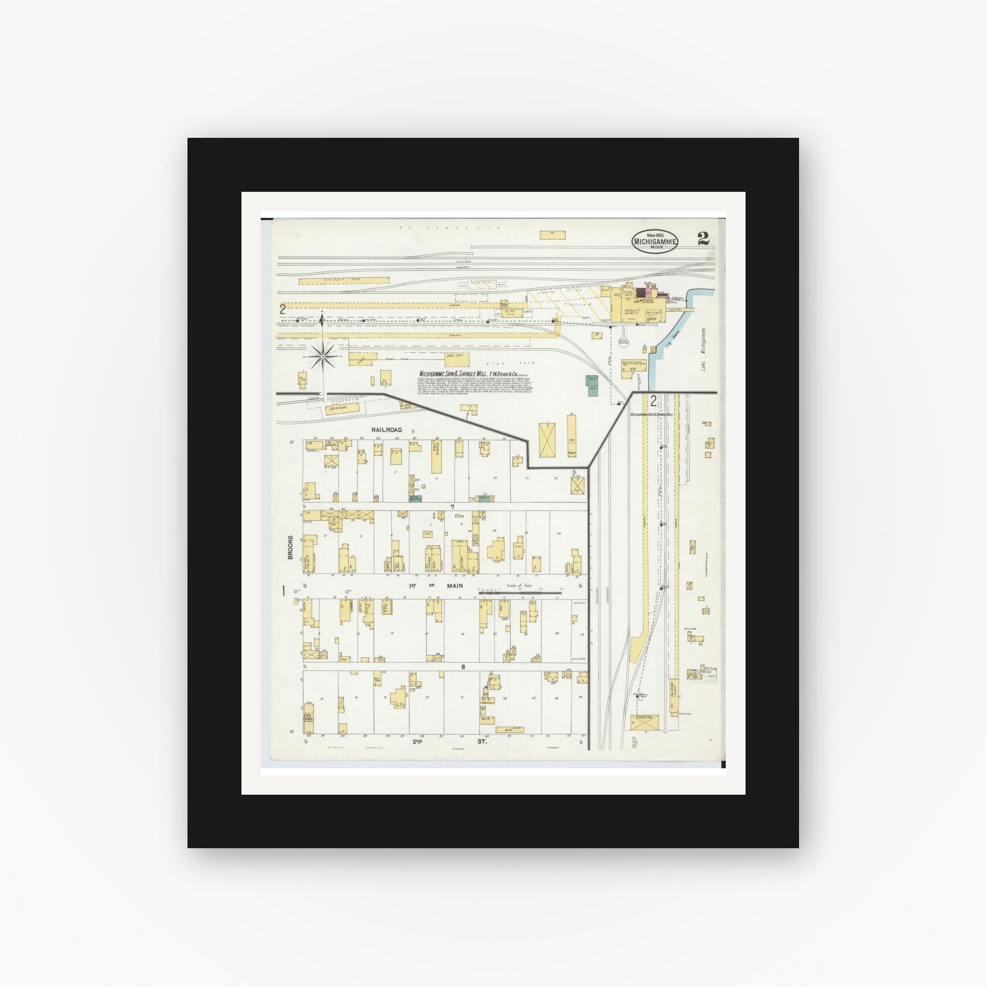 Old map wall art mockup — black gallery frame with white mat — Sanborn Fire Insurance Map from Michigamme, Marquette County, Michigan (1902), Sheet #0002