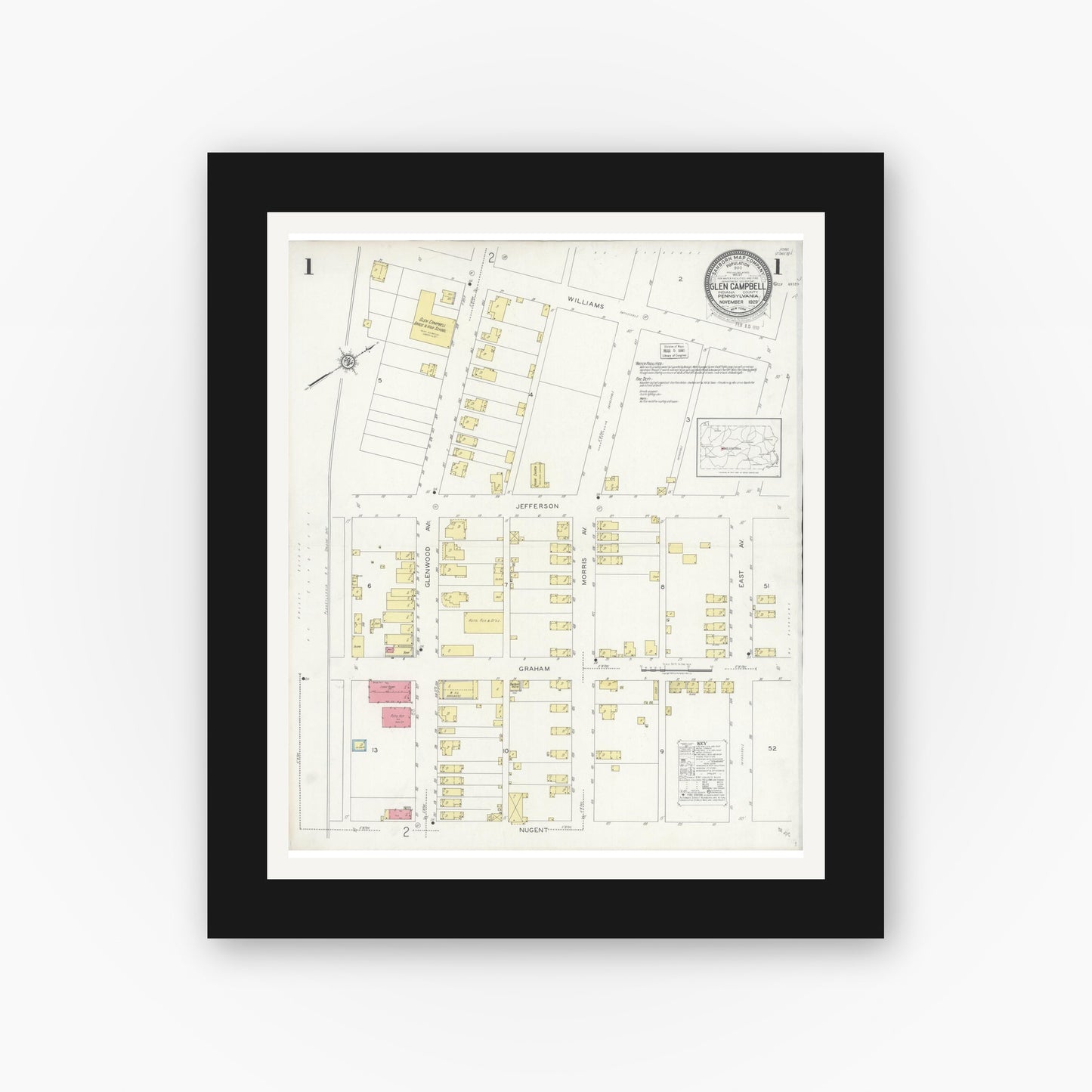 Old map wall art mockup — black gallery frame with white mat — Sanborn Fire Insurance Map from Glen Campbell, Indiana County, Pennsylvania (1929) - Complete Map Set