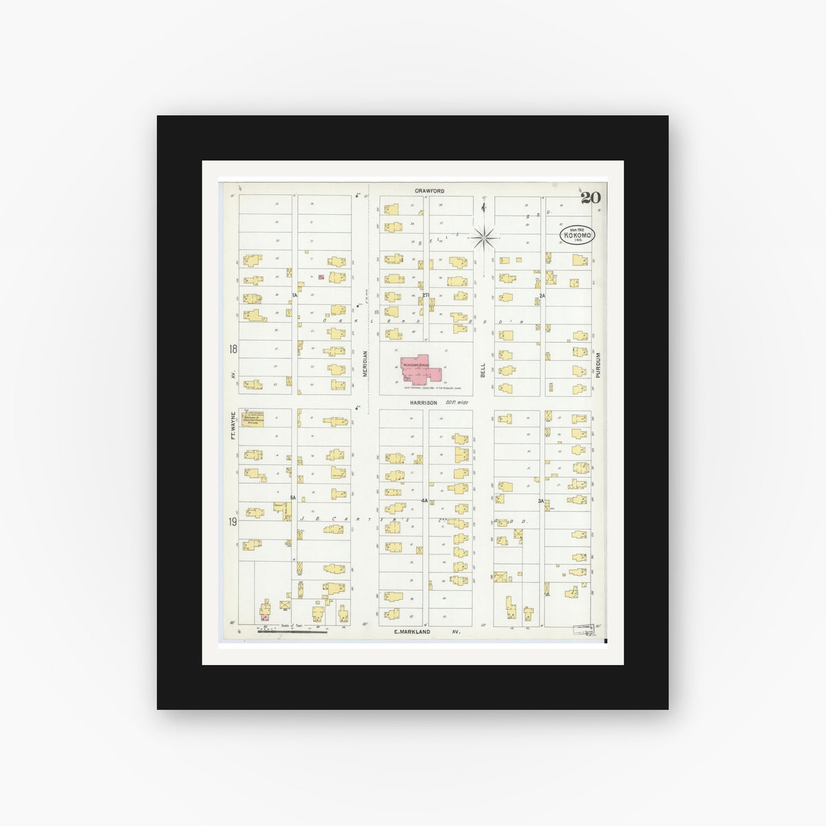 Old map wall art mockup — black gallery frame with white mat — Sanborn Fire Insurance Map from Kokomo, Howard County, Indiana (1902), Sheet #0020