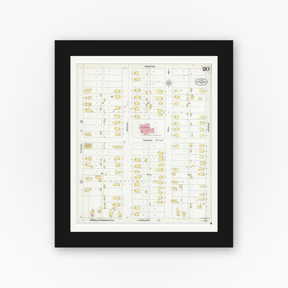 Old map wall art mockup — black gallery frame with white mat — Sanborn Fire Insurance Map from Kokomo, Howard County, Indiana (1902), Sheet #0020