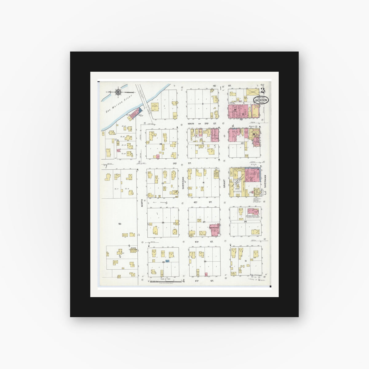 Old map wall art mockup — black gallery frame with white mat — Sanborn Fire Insurance Map from Jackson, Jackson County, Minnesota (1917), Sheet #0002