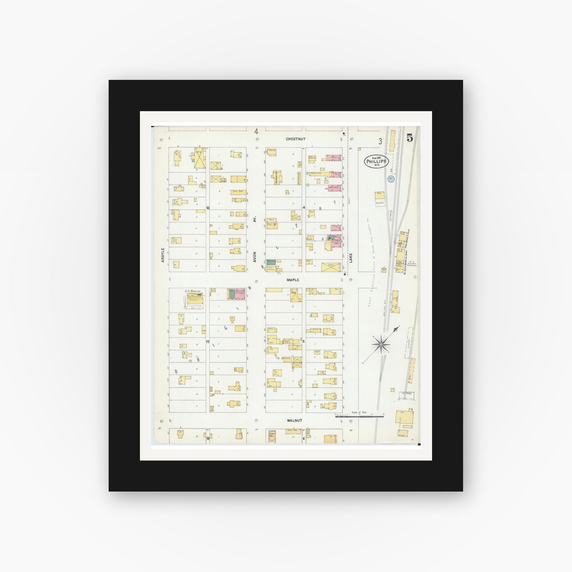 Old map wall art mockup — black gallery frame with white mat — Sanborn Fire Insurance Map from Phillips, Price County, Wisconsin (1901), Sheet #0005