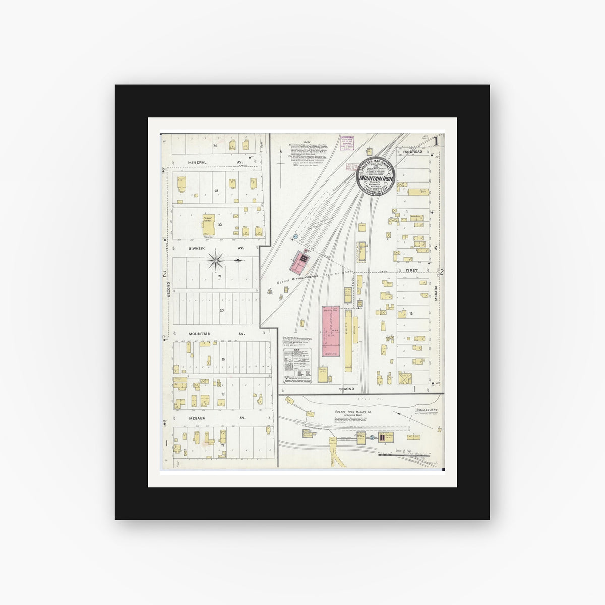 Old map wall art mockup — black gallery frame with white mat — Sanborn Fire Insurance Map from Mountain Iron, Saint Louis County, Minnesota (1906) - Complete Map Set