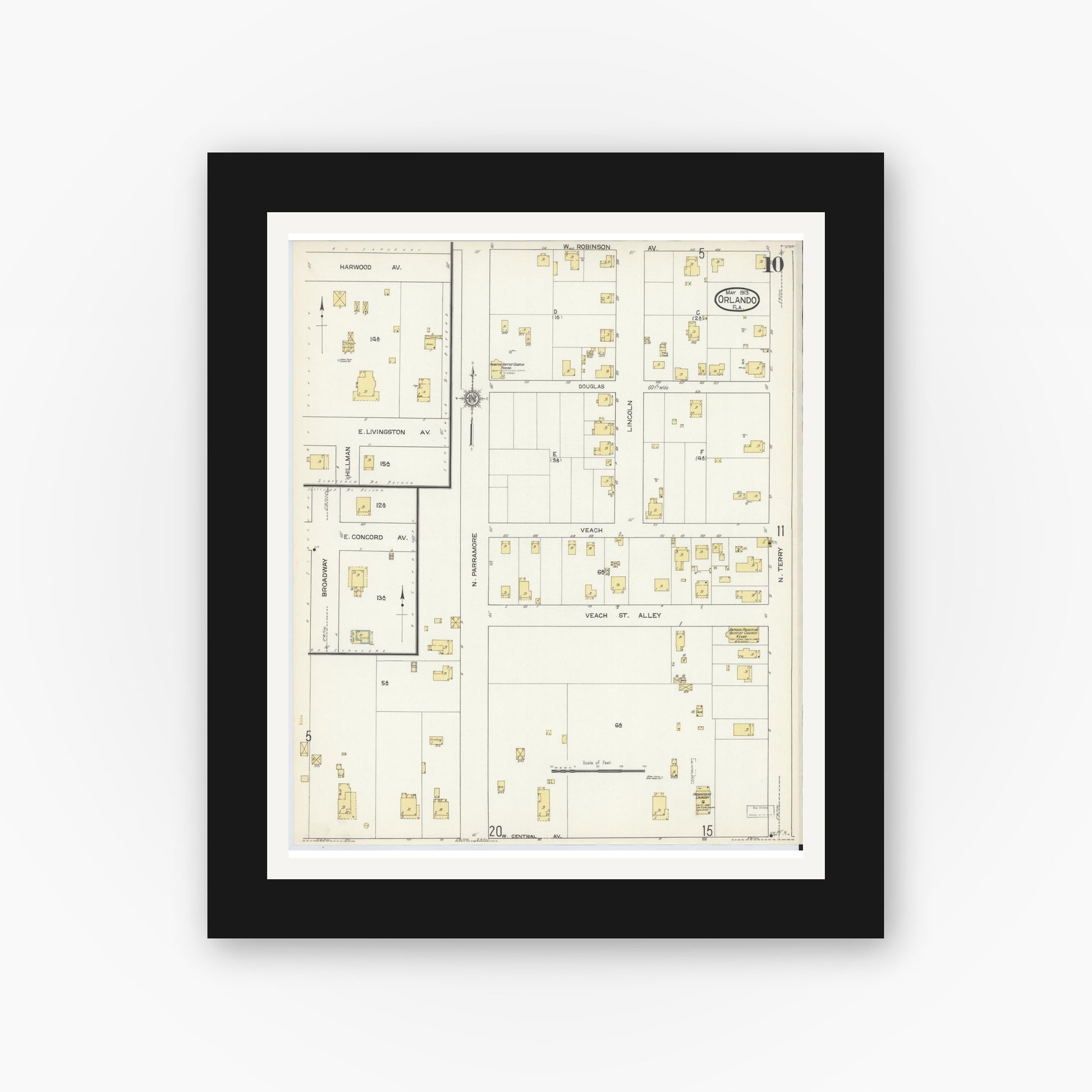 Old map wall art mockup — black gallery frame with white mat — Sanborn Fire Insurance Map from Orlando, Orange County, Florida (1913), Sheet #0010
