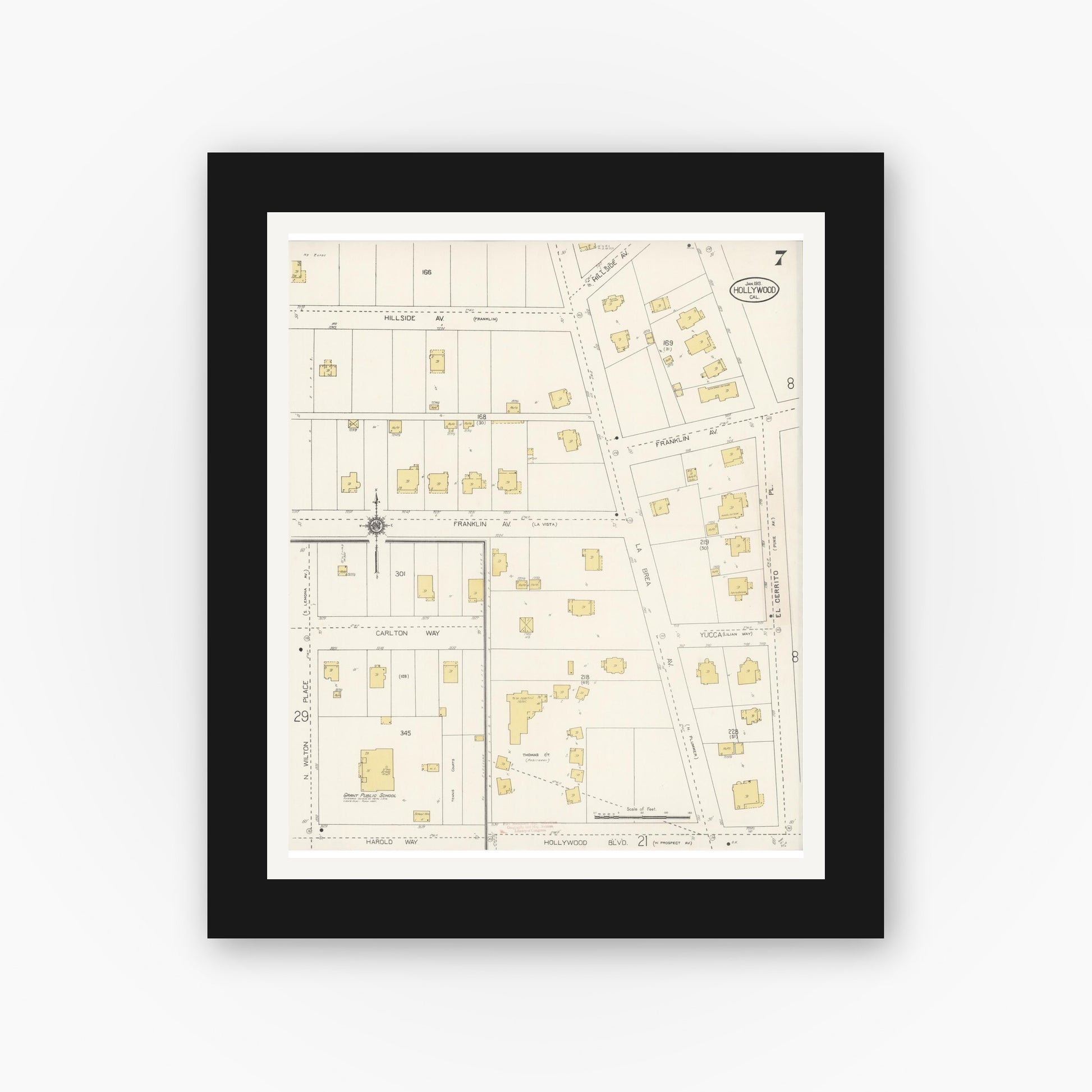 Old map wall art mockup — black gallery frame with white mat — Sanborn Fire Insurance Map from Hollywood, Los Angeles County, California (1913), Sheet #0007